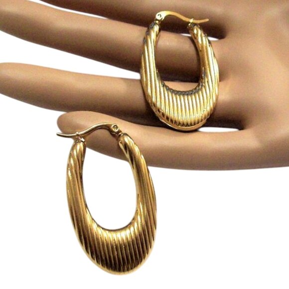 24K Gold Plated Lined Teardrop Hoop Pierced Post Earrings 44mm Long Stainless - Picture 5 of 12